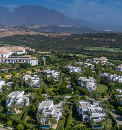 Aerial view of clubhouse and real estate at Finca Cortesin